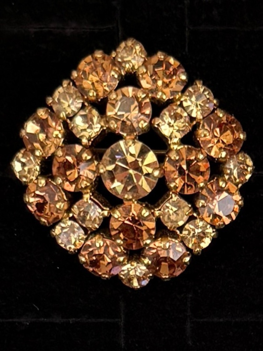 Vintage Cushion Shape Champagne & Clear Rhinestone Cluster Brooch